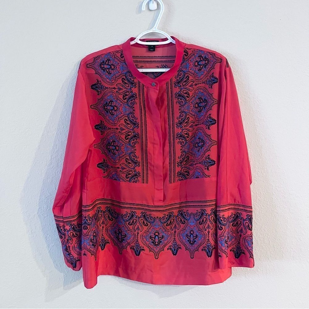 J.Crew Blouse Womens Red Tunic Paisley Henley Long Sleeve Lightweight Top Size M